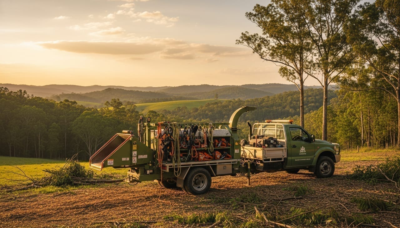 Sunshine Coast Hinterland Arborist work truck and wood chipper on site in the Hinterland